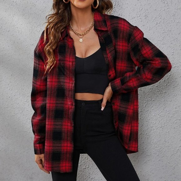 MODA ME COUTURE Tops - Casual Plaid Print Drop Shoulder Shirt
